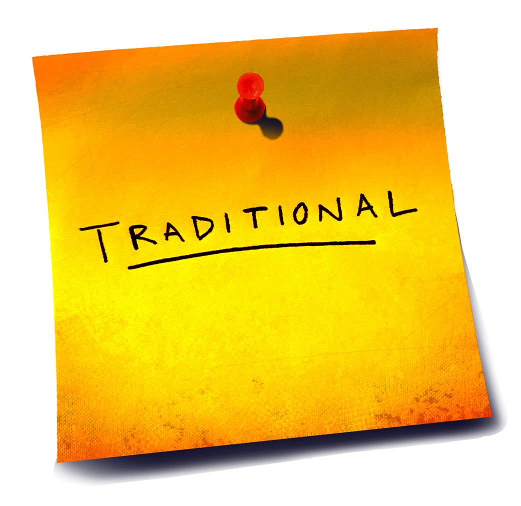 A sticky note that has the written text, "Traditional".
